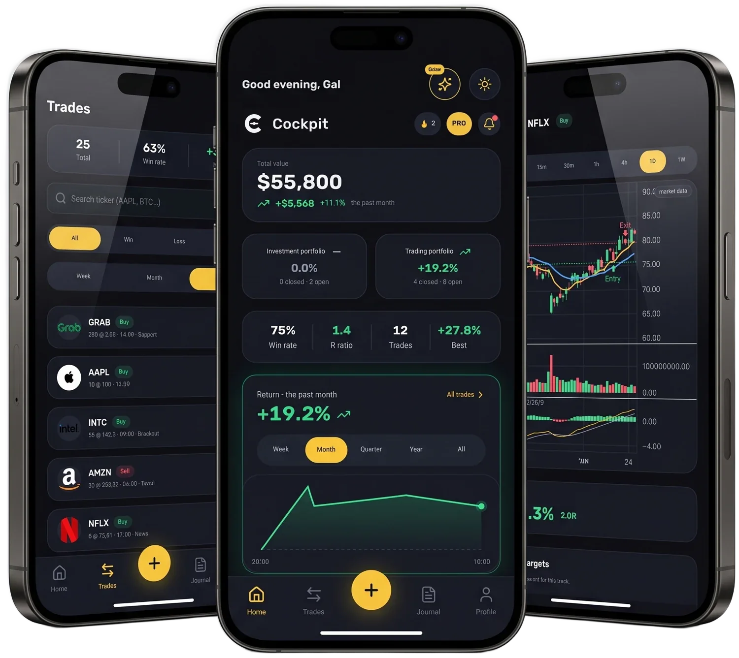 Three phones running Cockpit: the trades list, the home screen with total value, win rate, R ratio and a return chart, and a closed NFLX trade on daily candles.
